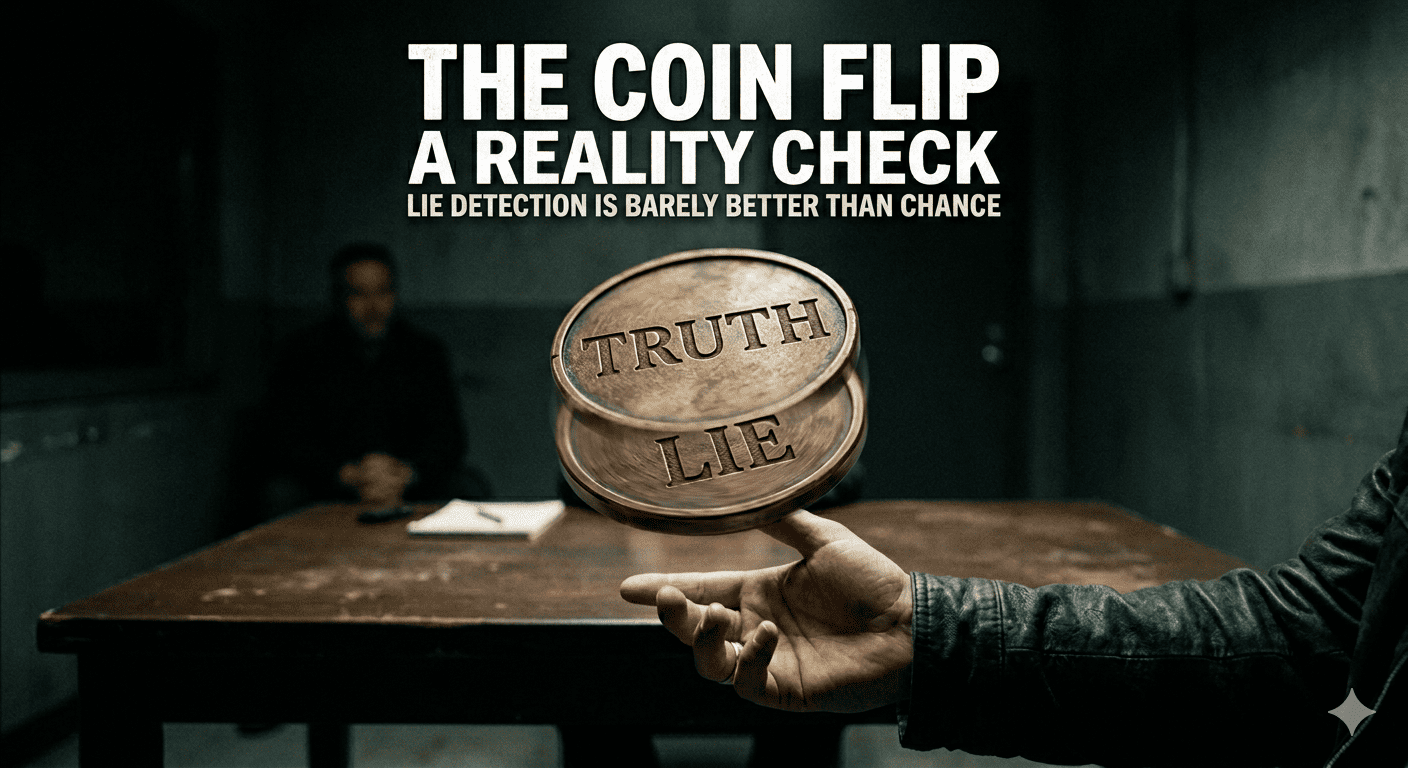 A coin caught mid-flip beside a dial reading 54%, showing that human lie detection is barely better than chance