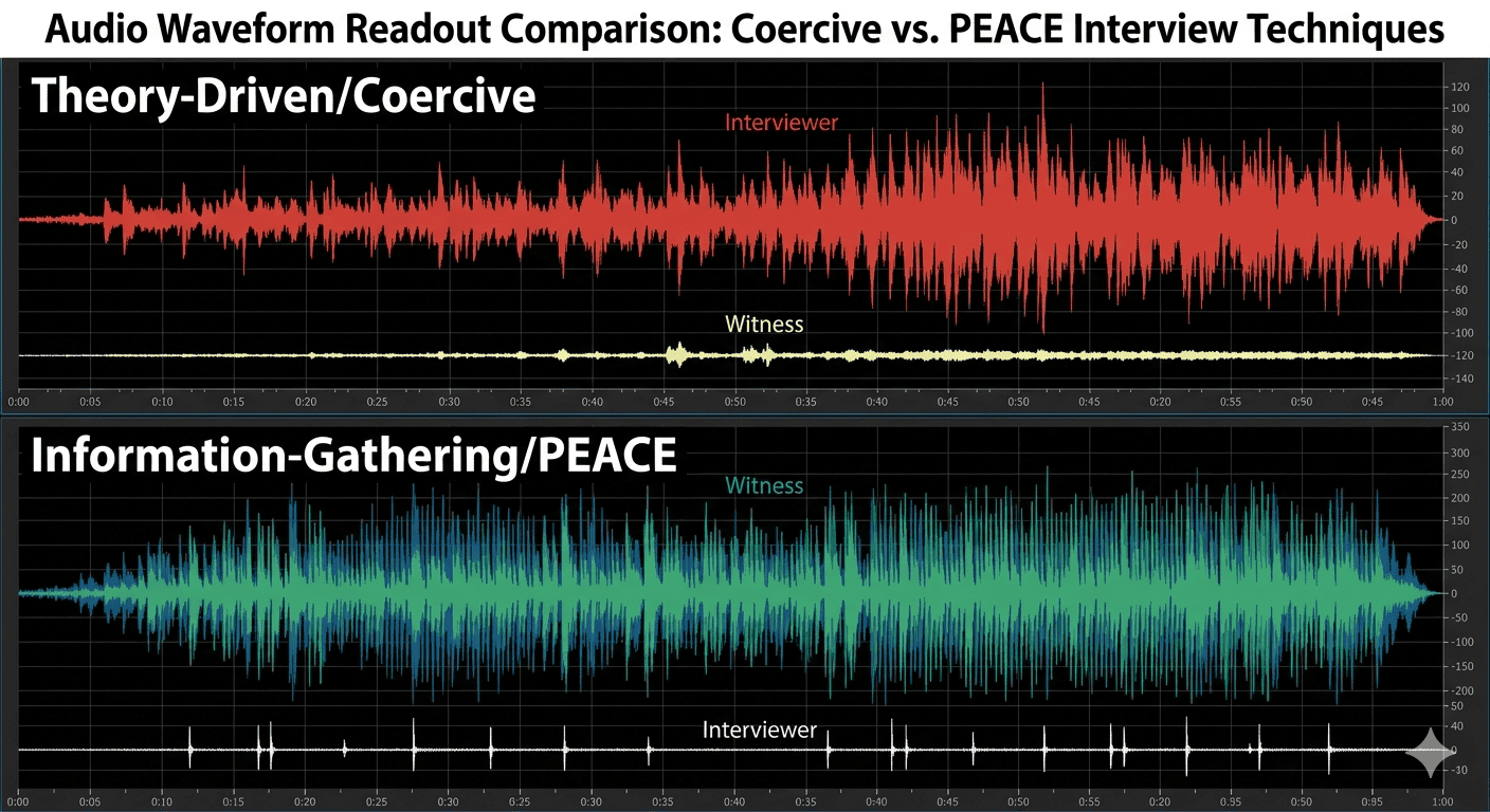 Two audio waveforms contrasting an interviewer who talks most of the time with a witness who talks most of the time