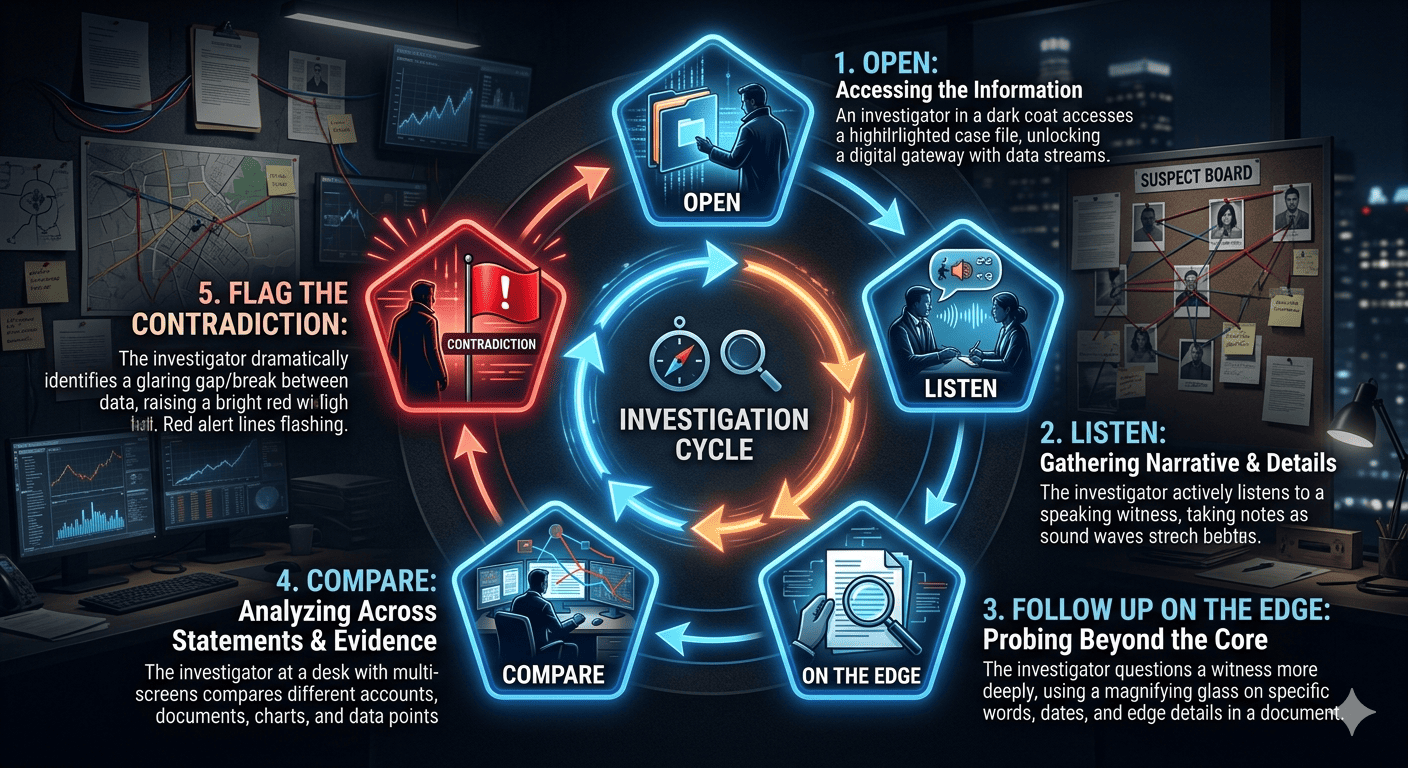 A five-step loop diagram: open, listen, follow up on the edge, compare, flag the contradiction
