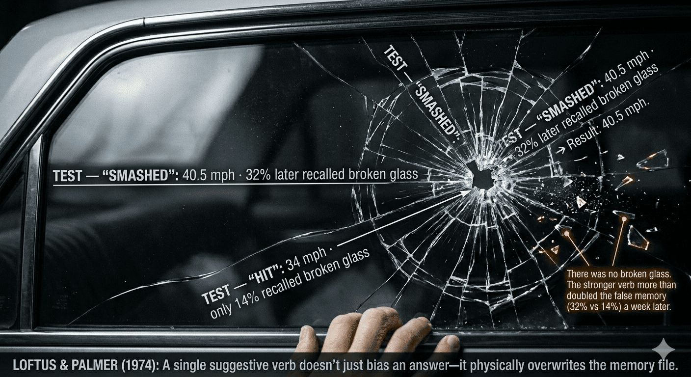 A shattered car window illustrating how a single leading verb reshapes a witness's memory of a crash