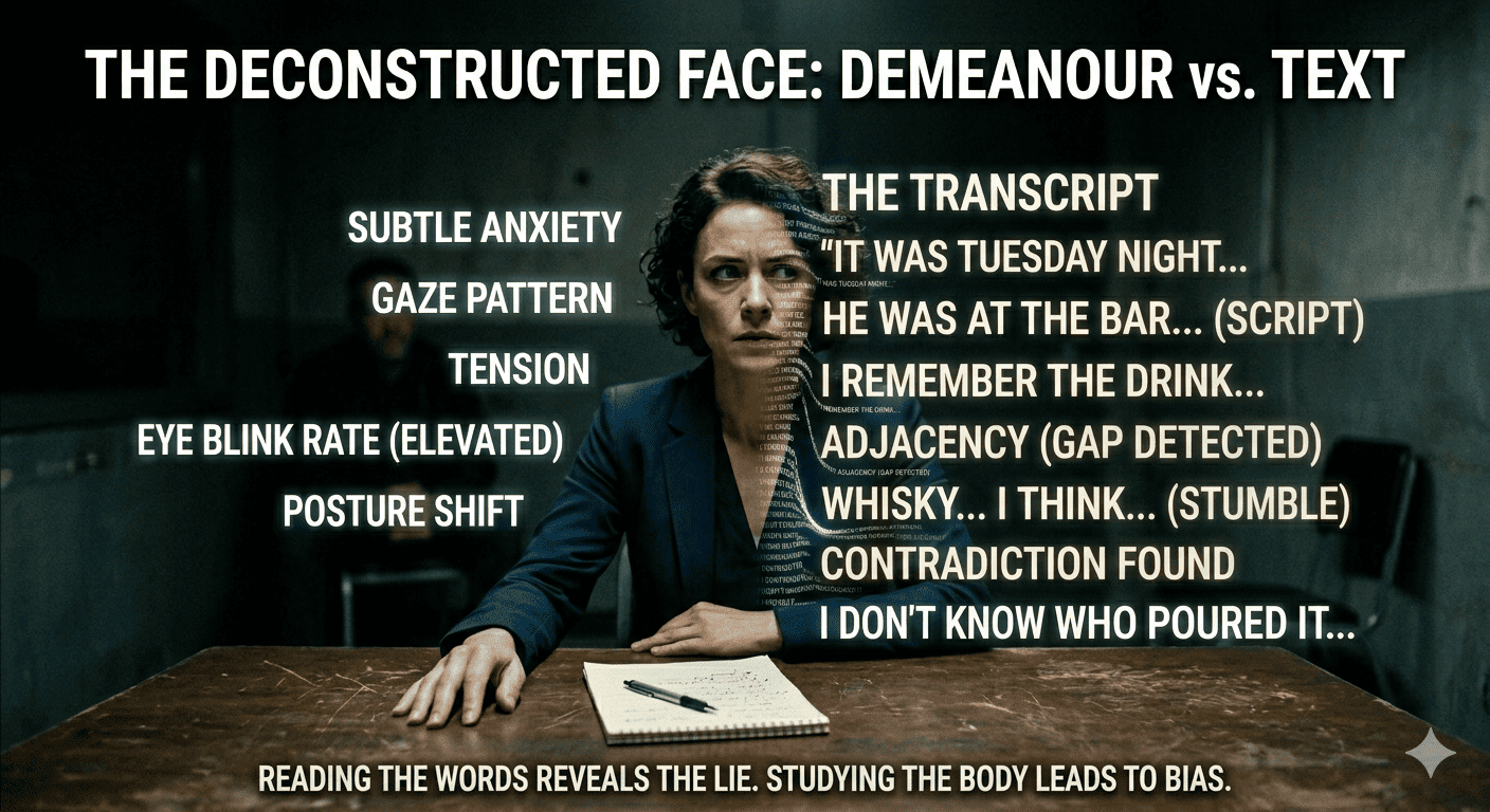 A human face dissolving into lines of interview transcript, contrasting body language with the words spoken