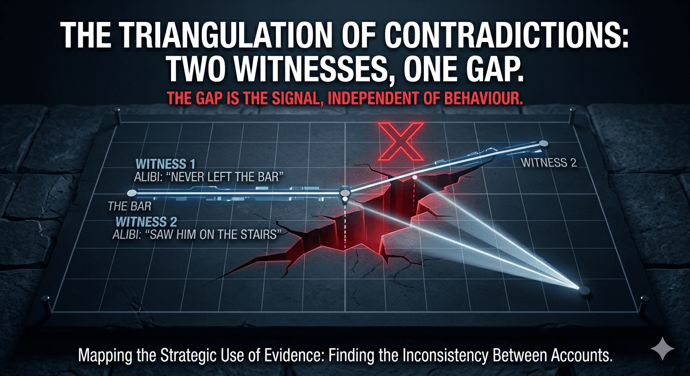 Two witness statements linked by lines to a single point of conflict, illustrating how cross-witness contradiction exposes a lie