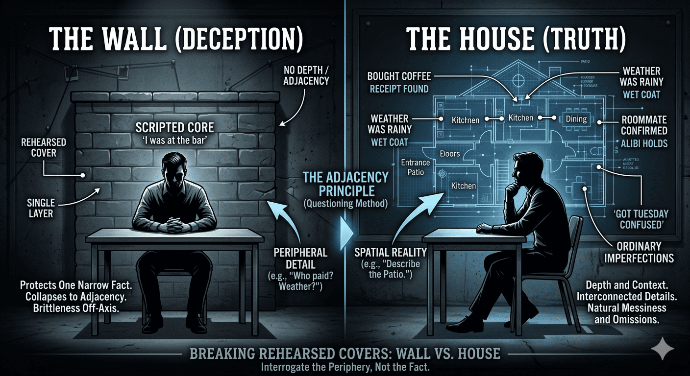 A thin free-standing wall beside a fully built house, illustrating a rehearsed cover story versus a real, detailed memory